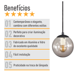 Pendente Preto C/ Globo de Vidro Fumê de 14cm + Led 2w - 5