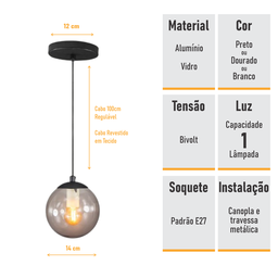 Pendente Preto C/ Globo de Vidro Fumê de 14cm + Led 2w - 4
