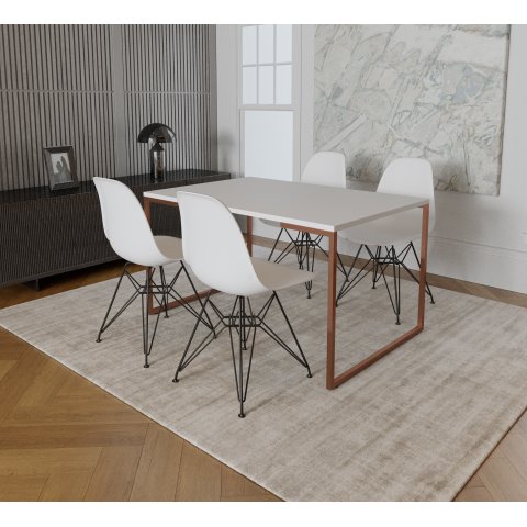 Mesa Industrial Base Ferro Cobre Tampo 137x90 Branco 4 Cadeiras Eames Ferro Preto Assento Branco