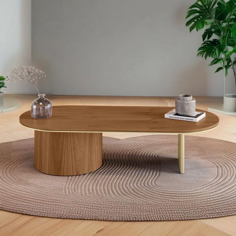 Mesa de Centro Ipê em Madeira Maciça Imbuia Mel Metal Champagne