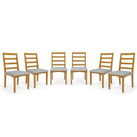 Kit com 6 Cadeiras Cecília Madeira Maciça Assentos Estofados para Mesa de Jantar Linho Cinza 407