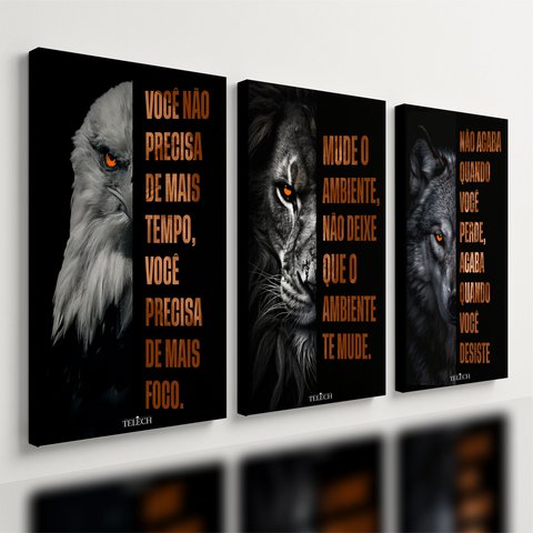 Kit 3 Quadro Decorativo Motivacional Leão Águia Lobo Foco 40x28cm