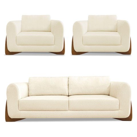 Kit 2 Poltronas e Sofá 2 Lugares Linho Bege Pés Castanho