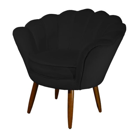 Poltrona Decorativa Pétala Couro Preto Pés Madeira Ms Decor