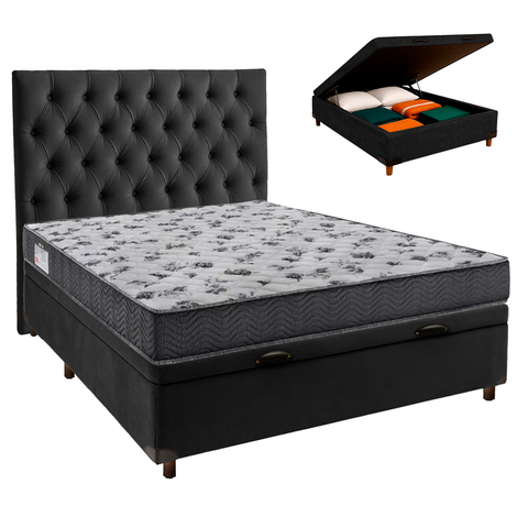 Conjunto Cama Box Bau Blindado Casal + Colchão D33 Iso100 Ortobom + Cabeceira