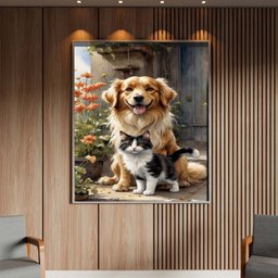 Quadro Decorativo Animais Cão e Gato Sendo Fofos com Moldura Prata - 120x80 Cm - 2