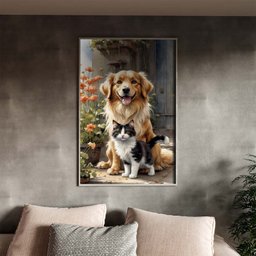 Quadro Decorativo Animais Cão e Gato Sendo Fofos com Moldura Prata - 120x80 Cm - 1