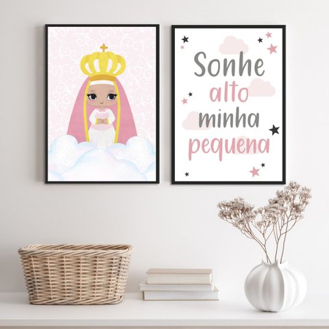 Kit 2 Quadros Baby Nossa Senhora Anjo da Guarda 24x18cm - com Vidro:madeira Branca
