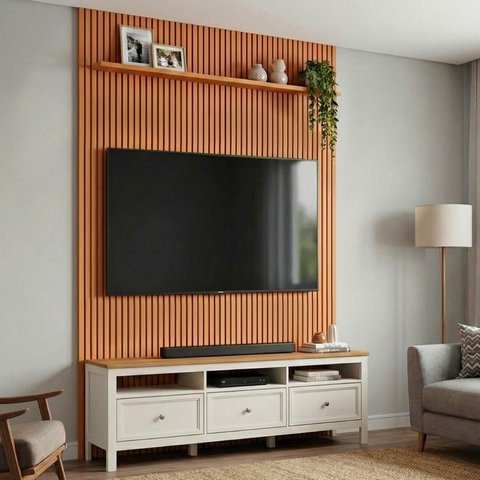 Rack Ananda com Painel Aloe TV até 75 Polegadas Tampo Madeira Maciça CabeCasa Madeira Originals