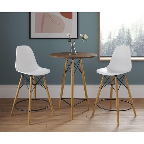 Mesa Bistrô Eames Eiffel Amêndoa Com 2 Banquetas Brancas De Madeira - Cor: Marrom