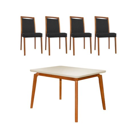 Mesa Jantar Luxo Jade 120x90cm Off White com 4 Cadeiras Estofadas Couro Pu Preta Base Madeira Maciça
