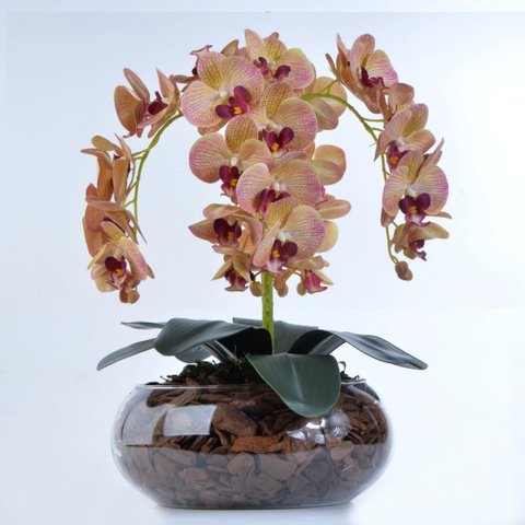Arranjo de Orquídea Artificial Outonada em Vaso Incolor Tina