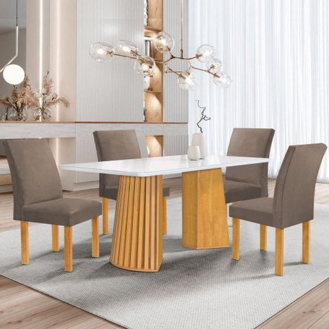 Conjunto de Jantar Stella 4 Lugares Tampo MDF com Vidro e Cadeiras Veludo Bege Escuro 120cm Cel