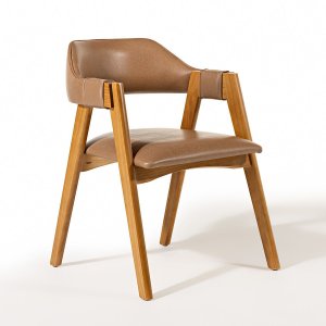 Cadeira Lua Estofada com Encosto Curvo em Madeira Maciça Castanho Courino Caramelo L85 Rmi