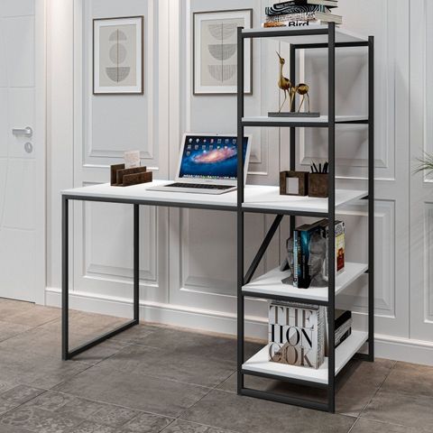 Escrivaninha Mesa Escritório com Estante Home Office Fit 130cm Industrial Yescasa Branco