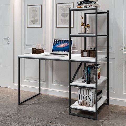 Escrivaninha Mesa Escritório com Estante Home Office Fit 130cm Industrial Yescasa Branco