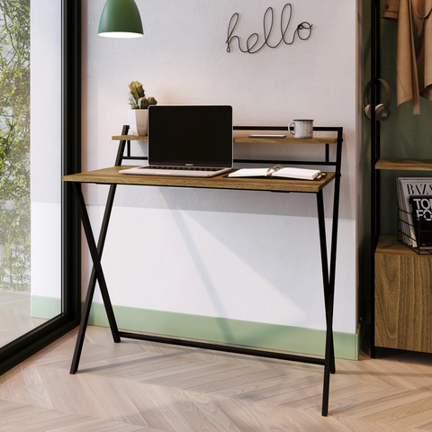 Escrivaninha Mesa Escritório Dobrável SW014 1 Prateleira 93cm Preto E Noce Oro