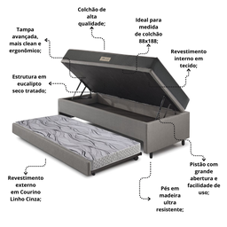 Bicama Box Baú Solteiro 88x188x42 Courino Linho Cinza com Colchão de Espuma Dual Firme Ecoflex - 7