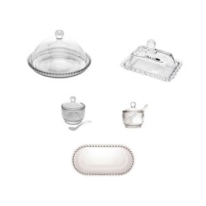 Kit Queijeira + Manteigueira + Açucareiro + Meleira + Travessa Pearl Wolff Transparente