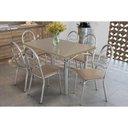 Ver imagem 1 de Conjunto: Mesa Sala Jantar Elba Tampo Madeirado C/ Vidro 120cm e 6 Cadeiras Holanda Cromada/freijo