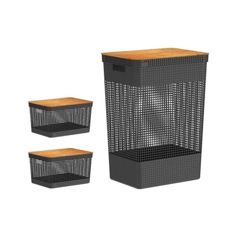 Kit de Cestos Organizadores com Tampa de Bambu ou 3 Peças Linha Grid