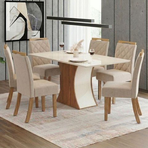Conjunto Sala de Jantar Layla Confort 6 Lugares Tampo MDF Cadeiras Estofadas Off White 160cm Casa