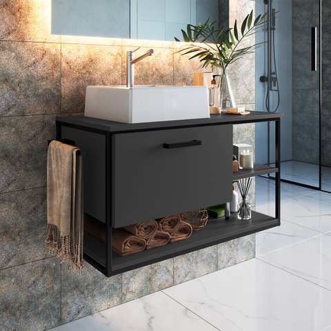 Gabinete Suspenso para Banheiro 80cm sem Cuba P1007 Placa e Ponto- Grafite