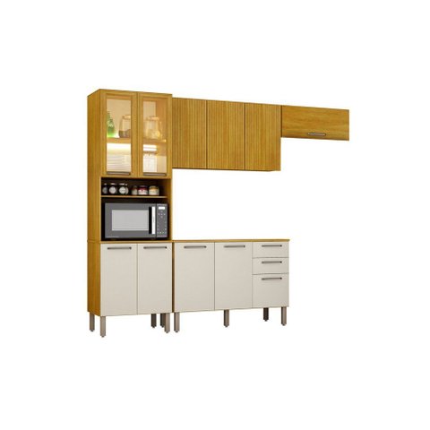 Cozinha Malta 4 Peças Cristaleira 266 cm com Vidro Reflecta e LED Cinamono/Off White