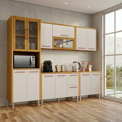 Cozinha Modulada Dafne 13 Portas 2 Gavetões 100% MDF com Cristaleira Espaço para Cooktop Mobilihouse