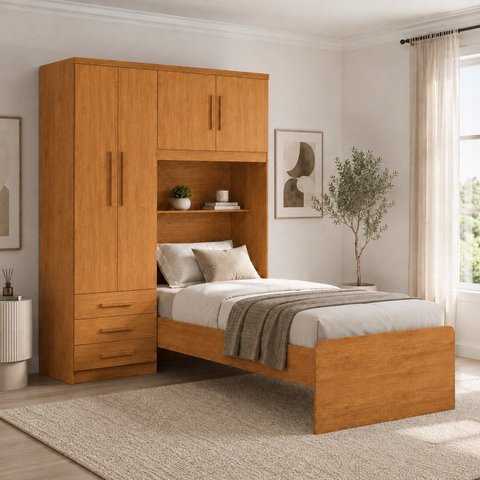 Guarda-Roupa Solteiro com Cama Integrada 4 Portas 3 Gavetas Cancun Yescasa Nature
