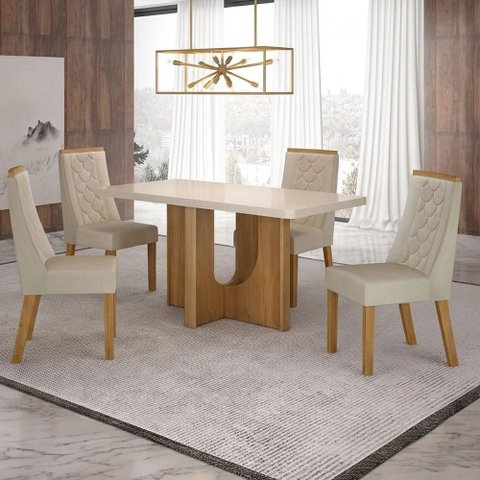 Mesa de Jantar Dora 120x80 Vidro 40mm Cinamomo Off White com Kit 4 Cadeiras Veludo Bege -Valdemó