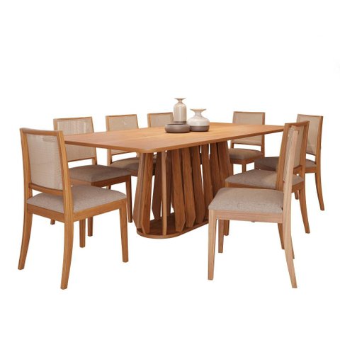 Conjunto Sala de Jantar Mesa Pitanga Madeira Tauari e 8 Cadeiras em Linho - Madeira/Cinamomo/Linho