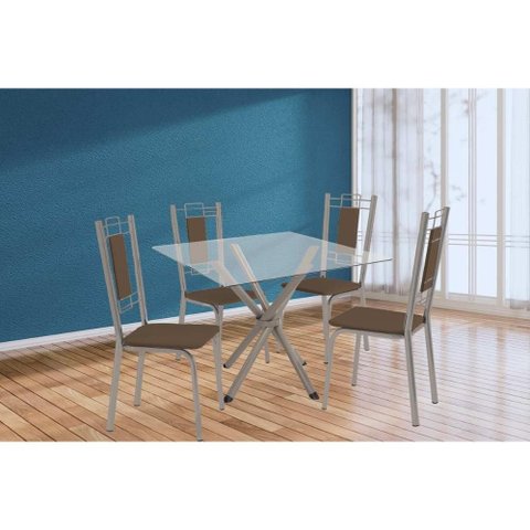 Conjunto: Mesa Sala Jantar Volga C/ Tampo de Vidro 90cm e 4 Cadeiras Florença Niquel - Courano