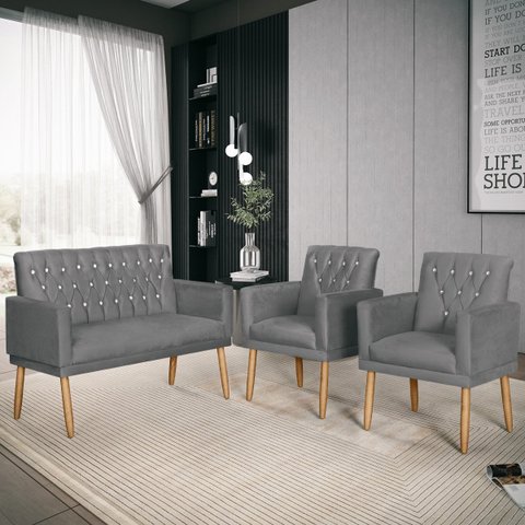 Kit Sky Namoradeira para Sala + 2 Poltronas Decorativas Cinza - Bela Móveis