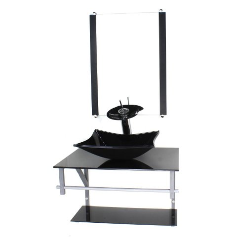 GABINETE DE VIDRO PARA BANHEIRO 60CM AC CUBA RETANGULAR PRETO FULL COM TORNEIRA CASCATA