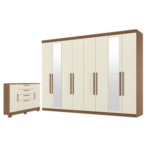 Guarda Roupa Casal Master New 8 Portas de Bater 4 Gavetas MDP com Espelho e Cômoda Jatobá
