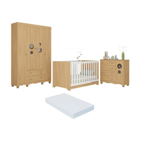 Quarto de Bebê Completo Berço Americano 3 em 1 Colchão Suspiro Multimóveis Mp4632 Madeirado