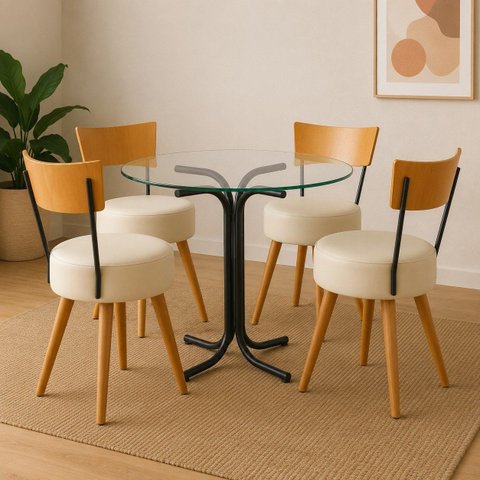 Conjunto Mesa de Jantar Redonda Vidro com 4 Cadeiras Estofada Off-White Encosto Madeira Urban