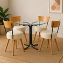 Ver imagem 1 de Conjunto Mesa de Jantar Redonda Vidro com 4 Cadeiras Estofada Off-White Encosto Madeira Urban