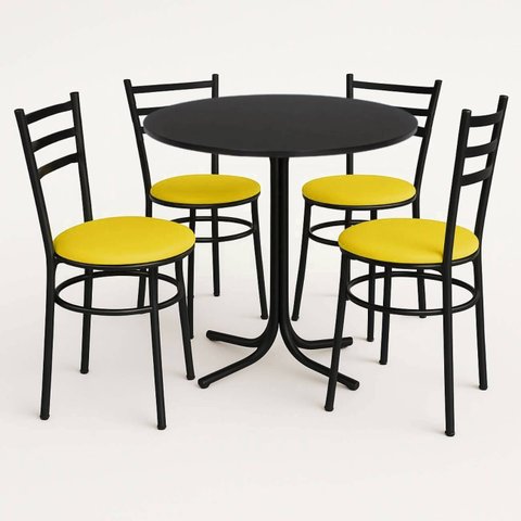 Mesa de Jantar Redonda 80cm Preta com 4 Cadeiras Estofada Preta
