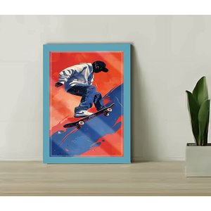 Quadro Decorativo Skatista + Vidro 33x25 Escritório Sala:azul