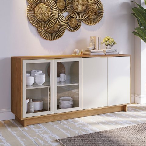 Balcão Buffet Vitória com 02 Portas e 02 Portas de Vidro Freijó Off White Colibri