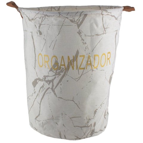 Cesto Organizador Multiuso com Sustentação Branco Cinza Letra Dourada Alças Couro 35dx42a
