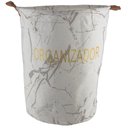 Ver imagem 1 de Cesto Organizador Multiuso com Sustentação Branco Cinza Letra Dourada Alças Couro 35dx42a