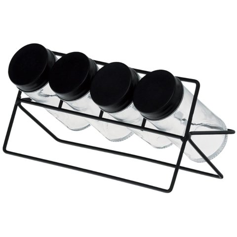 Conjunto 4 Porta Temperos e Suporte de Metal Preto Lyor Pote