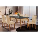 Ver imagem 1 de Conjunto: Mesa de Cozinha Londrina Tampo Madeirado C/ Vidro Curvo 180x90 e 6 Cadeiras Londrina