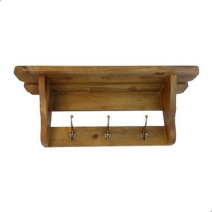 Prateleira Cabideiro de Parede 3 Ganchos Metal Madeira Pinus:marrom