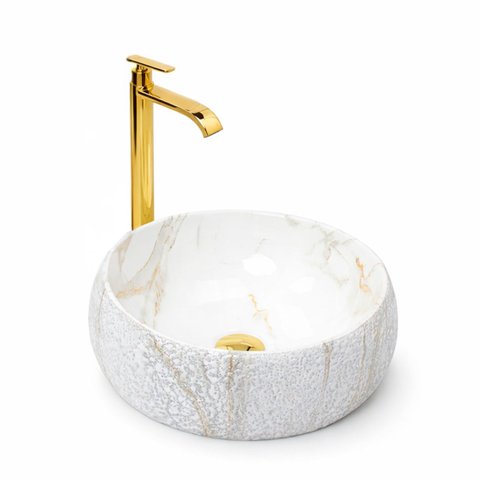 Kit Cuba Pia Louça Cerâmica Banheiro C/torn e Vál Dourada 101