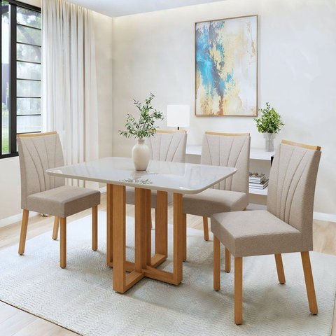 Conjunto Sala de Jantar 4 Lugares Retangular Tampo Vidro/MDF Mesa Tessera Cadeiras Pés Madeira Jade