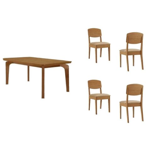 Sala de Jantar Completa Londrina C/ Tampo Madeirado C/ Vidro Canto Curvo 120x80cm 4 Cadeiras Havana